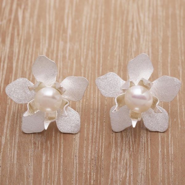 Alternate image for Floral Cultured Pearl Button Earrings Crafted in Bali Flower Delight