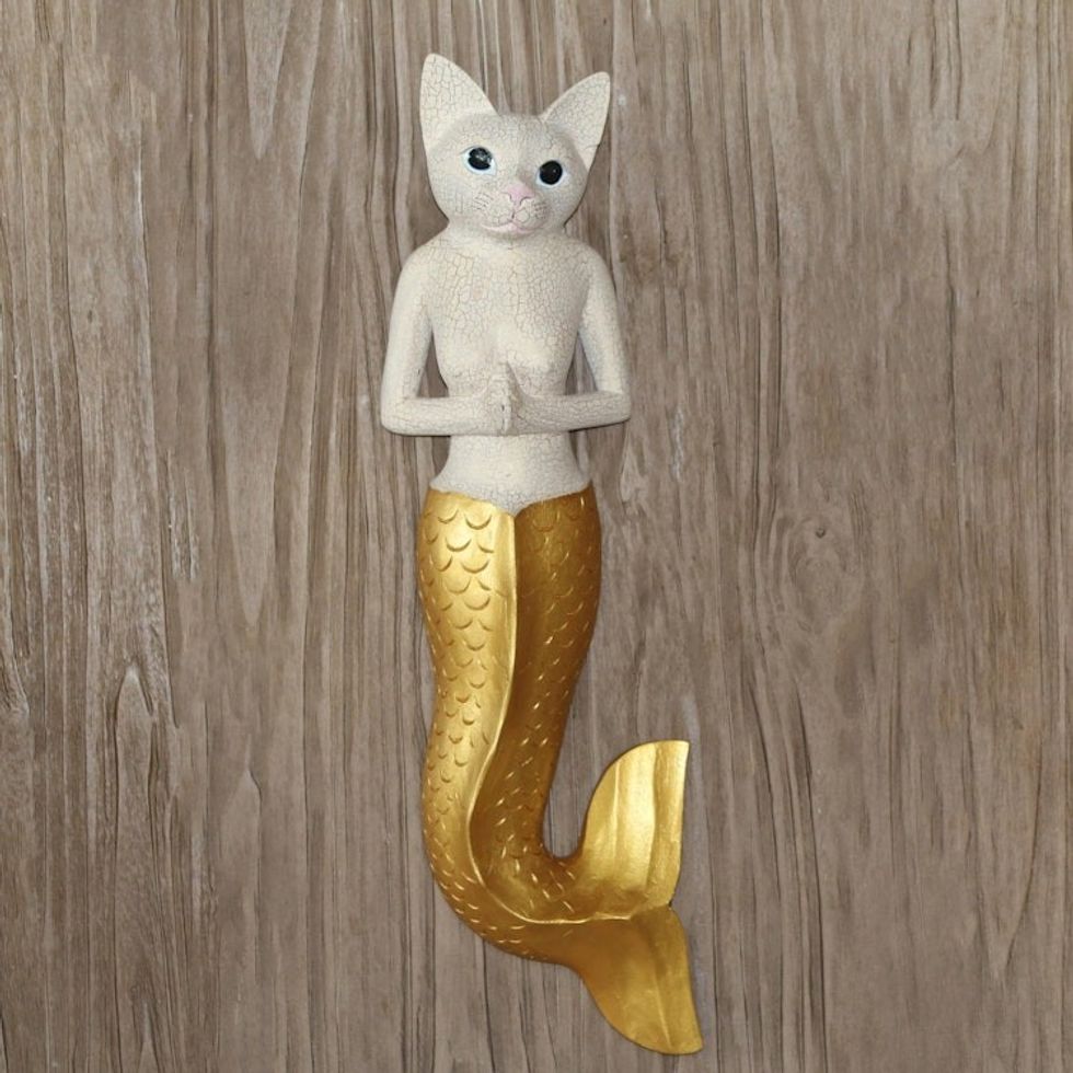 Mermaid Cat Wall Sculpture in White and Gold from Bali 'Mermaid Kitty in White'