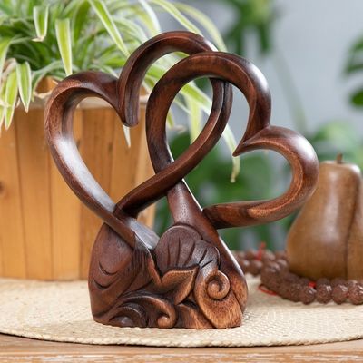 Alternate image for Handmade Heart-Themed Floral and Leafy Suar Wood Sculpture Beloved Heart