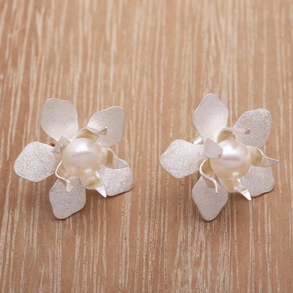 Alternate image for Floral Cultured Pearl Button Earrings Crafted in Bali Flower Delight
