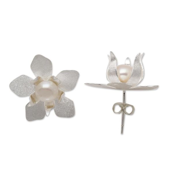 Alternate image for Floral Cultured Pearl Button Earrings Crafted in Bali Flower Delight