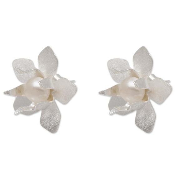 Alternate image for Floral Cultured Pearl Button Earrings Crafted in Bali Flower Delight