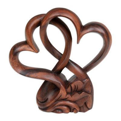 Alternate image for Handmade Heart-Themed Floral and Leafy Suar Wood Sculpture Beloved Heart