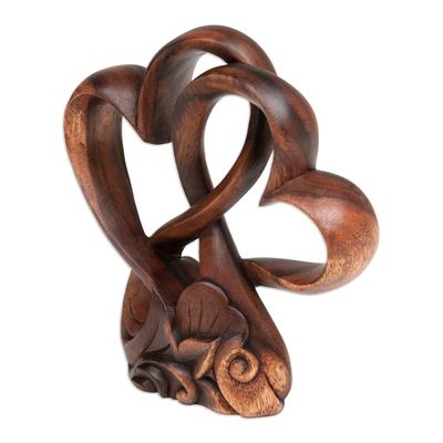 Alternate image for Handmade Heart-Themed Floral and Leafy Suar Wood Sculpture Beloved Heart