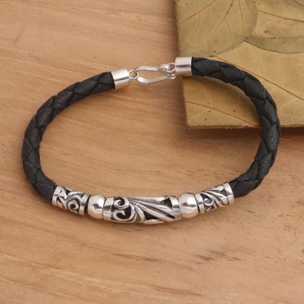 Alternate image for Black Leather and Sterling Silver Pendant Bracelet Sanur Surf