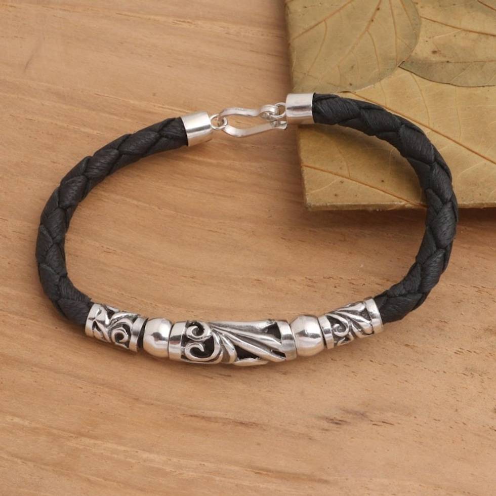 Black Leather and Sterling Silver Pendant Bracelet 'Sanur Surf'