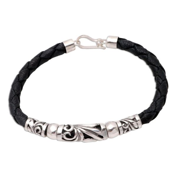 Alternate image for Black Leather and Sterling Silver Pendant Bracelet Sanur Surf