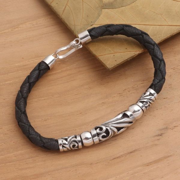 Alternate image for Black Leather and Sterling Silver Pendant Bracelet Sanur Surf