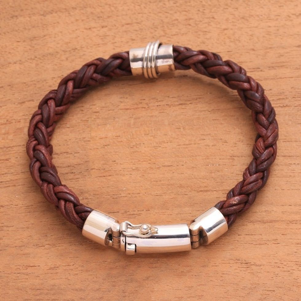 Leather and Sterling Silver Braided Bracelet from Bali 'Bonding Weave'