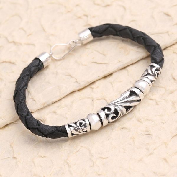 Alternate image for Black Leather and Sterling Silver Pendant Bracelet Sanur Surf