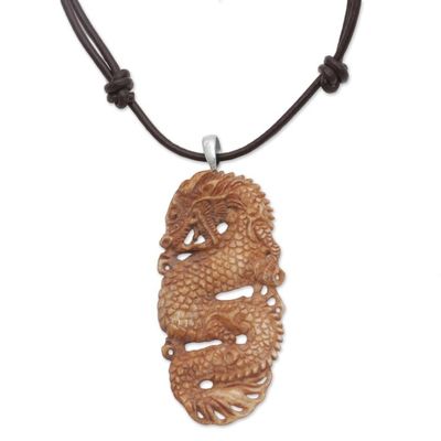 Alternate image for Bone and Leather Dragon Pendant Necklace from Indonesia Snarling Dragon