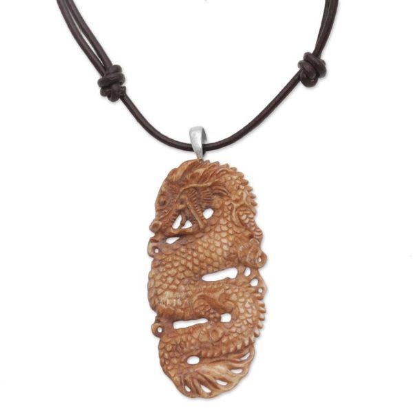 Alternate image for Bone and Leather Dragon Pendant Necklace from Indonesia Snarling Dragon