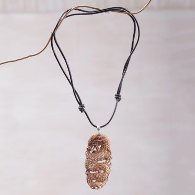Alternate image for Bone and Leather Dragon Pendant Necklace from Indonesia Snarling Dragon