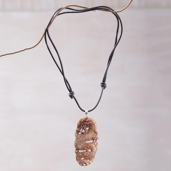 Alternate image for Bone and Leather Dragon Pendant Necklace from Indonesia Snarling Dragon