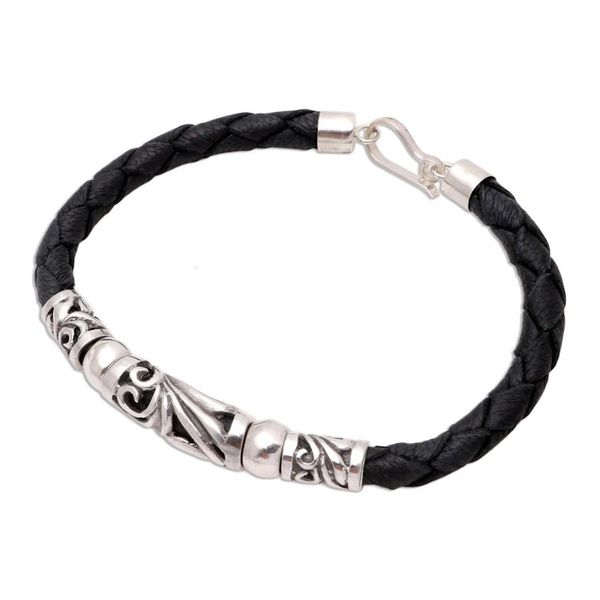 Alternate image for Black Leather and Sterling Silver Pendant Bracelet Sanur Surf