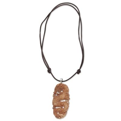 Alternate image for Bone and Leather Dragon Pendant Necklace from Indonesia Snarling Dragon