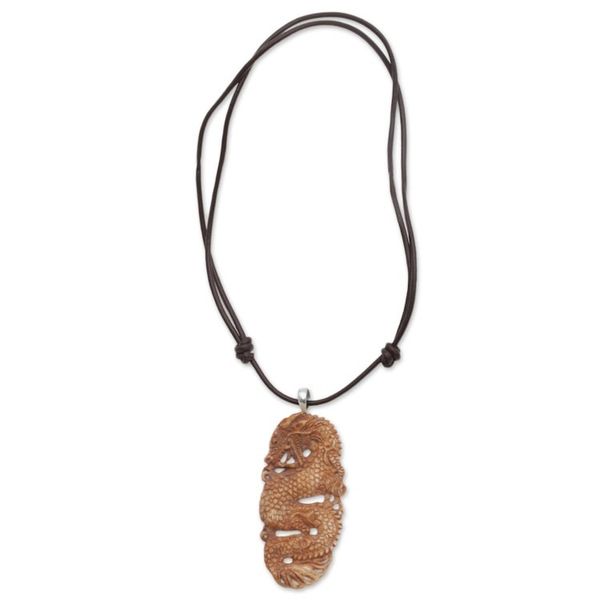 Alternate image for Bone and Leather Dragon Pendant Necklace from Indonesia Snarling Dragon
