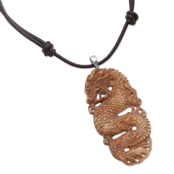 Alternate image for Bone and Leather Dragon Pendant Necklace from Indonesia Snarling Dragon
