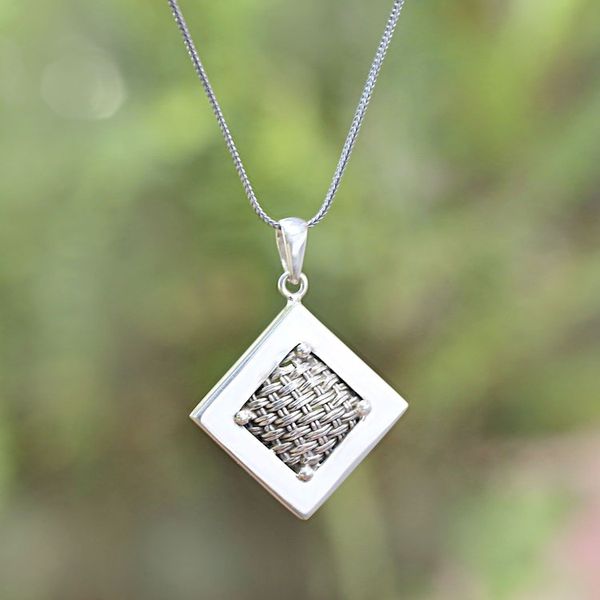 Alternate image for Woven Sterling Silver Diamond Shaped Pendant Necklace Weaving Ketupats