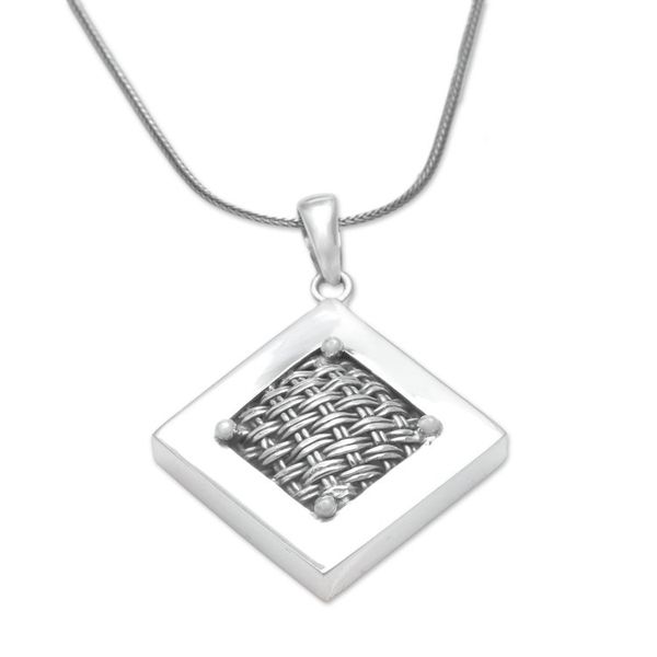 Alternate image for Woven Sterling Silver Diamond Shaped Pendant Necklace Weaving Ketupats