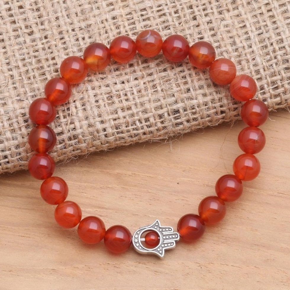 Carnelian Beaded Stretch Bracelet with Hamsa Hand 'Hamsa Hand'