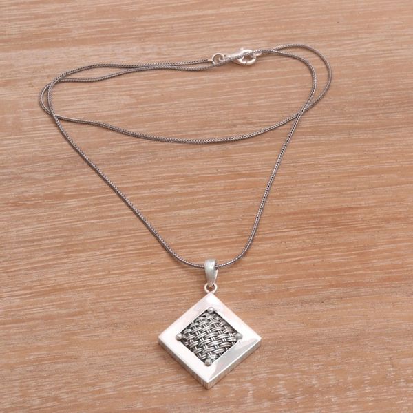 Alternate image for Woven Sterling Silver Diamond Shaped Pendant Necklace Weaving Ketupats