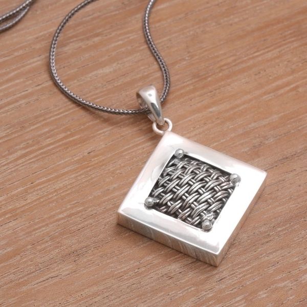 Alternate image for Woven Sterling Silver Diamond Shaped Pendant Necklace Weaving Ketupats