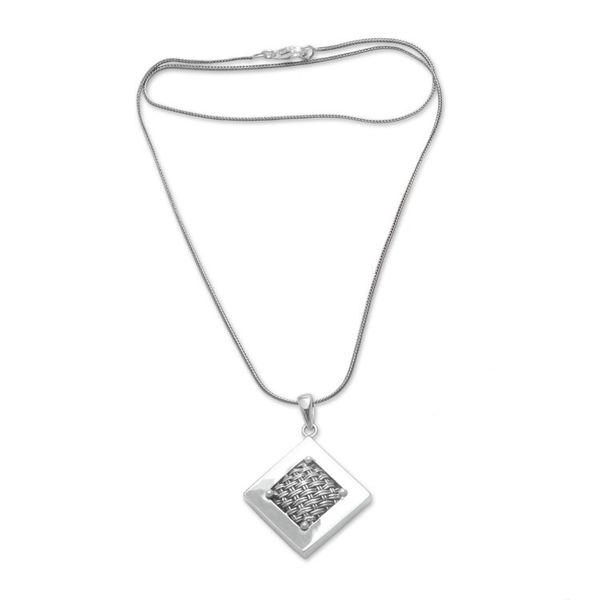 Alternate image for Woven Sterling Silver Diamond Shaped Pendant Necklace Weaving Ketupats