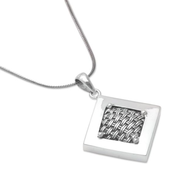 Alternate image for Woven Sterling Silver Diamond Shaped Pendant Necklace Weaving Ketupats