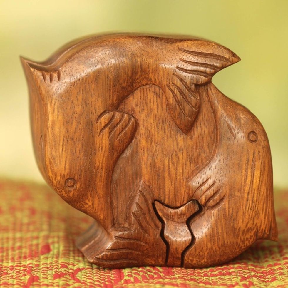 Hand Carved Balinese Wood Puzzle Box 'Dancing Dolphins'