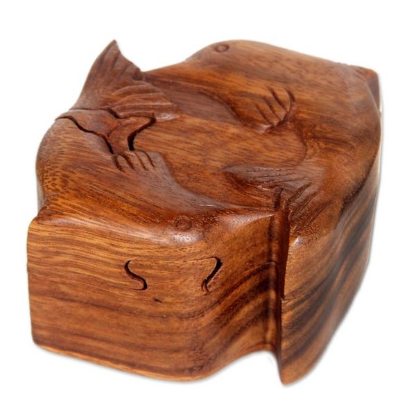 Alternate image for Hand Carved Balinese Wood Puzzle Box Dancing Dolphins