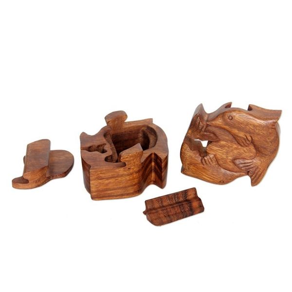 Alternate image for Hand Carved Balinese Wood Puzzle Box Dancing Dolphins