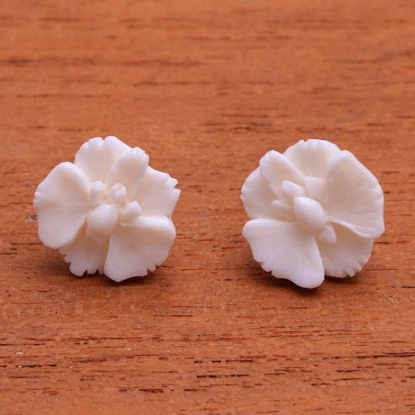 Alternate image for Hand-Carved Bone Orchid Button Earrings from Bali Fantastic Orchids