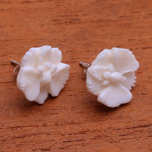 Alternate image for Hand-Carved Bone Orchid Button Earrings from Bali Fantastic Orchids