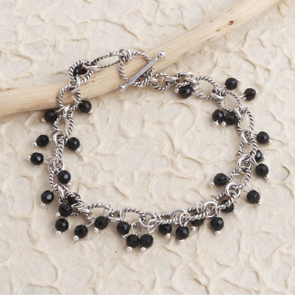 Hand Crafted Onyx and Sterling Silver Beaded Bracelet 'Cloudburst in Black'