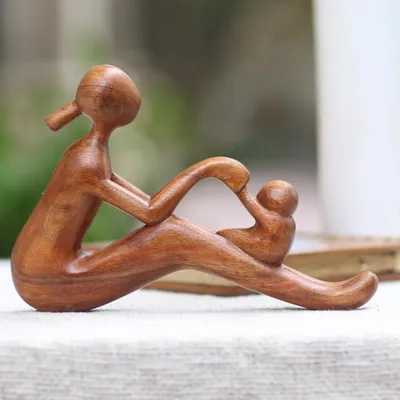 Alternate image for Natural Suar Wood Mother and Child Sculpture from Bali Mom and Infant