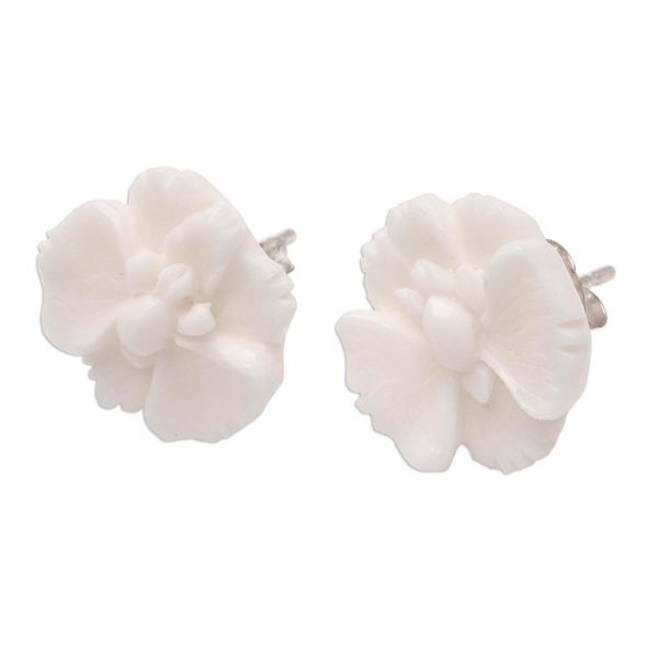 Alternate image for Hand-Carved Bone Orchid Button Earrings from Bali Fantastic Orchids