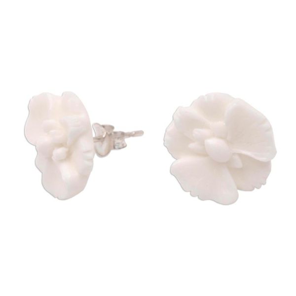 Alternate image for Hand-Carved Bone Orchid Button Earrings from Bali Fantastic Orchids