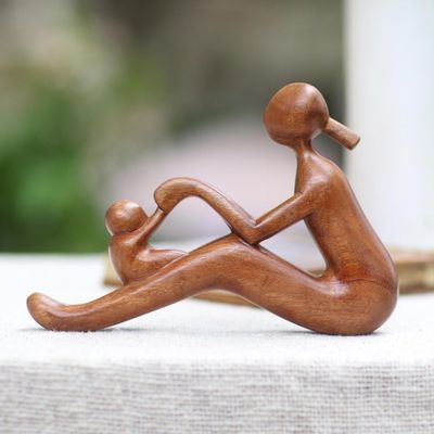 Alternate image for Natural Suar Wood Mother and Child Sculpture from Bali Mom and Infant
