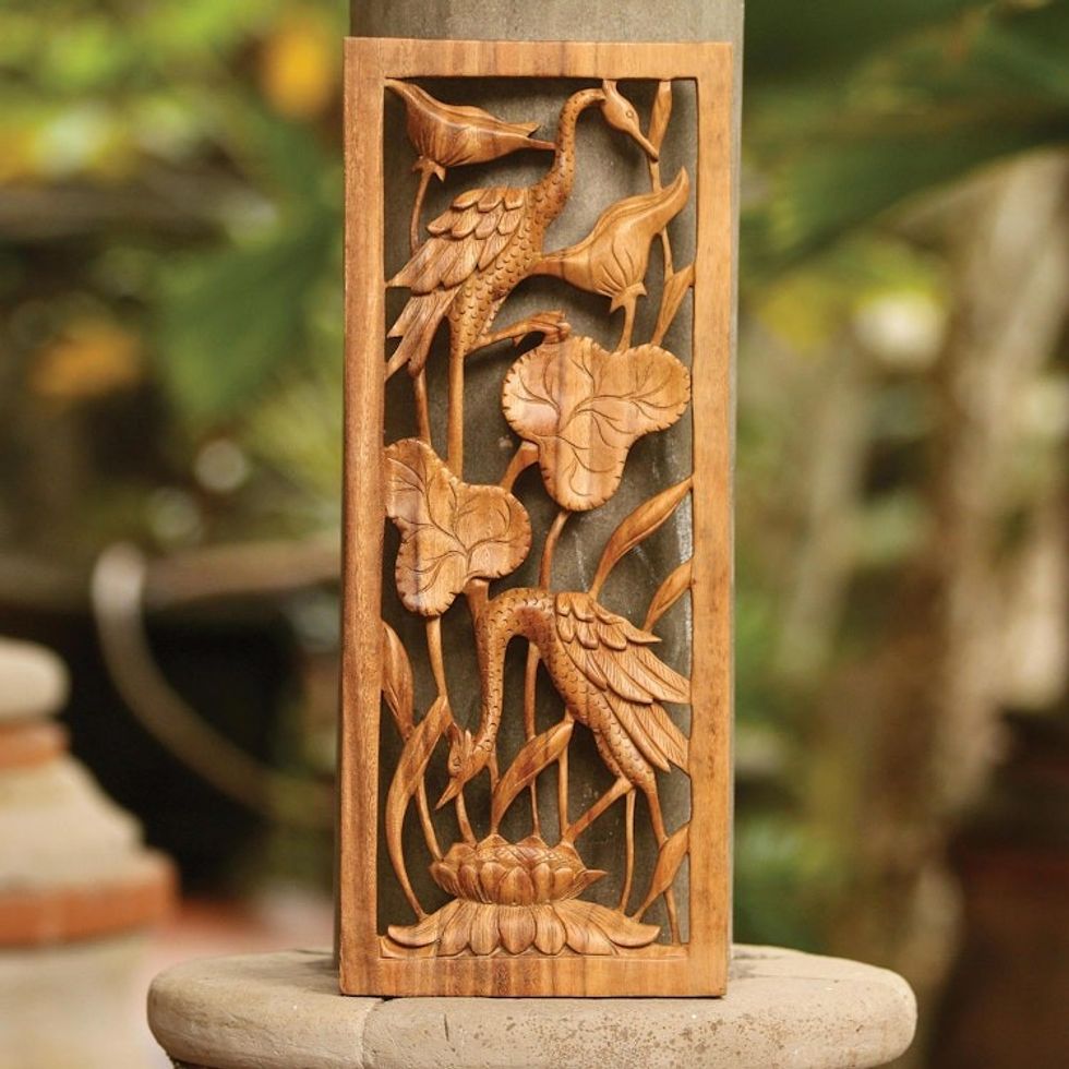 Hand Made Suar Wood Bird Relief Panel 'Herons in a Lotus Pond'