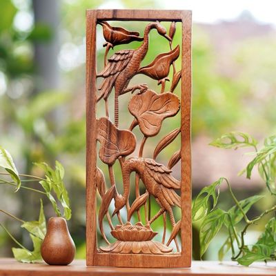 Alternate image for Hand Made Suar Wood Bird Relief Panel Herons in a Lotus Pond