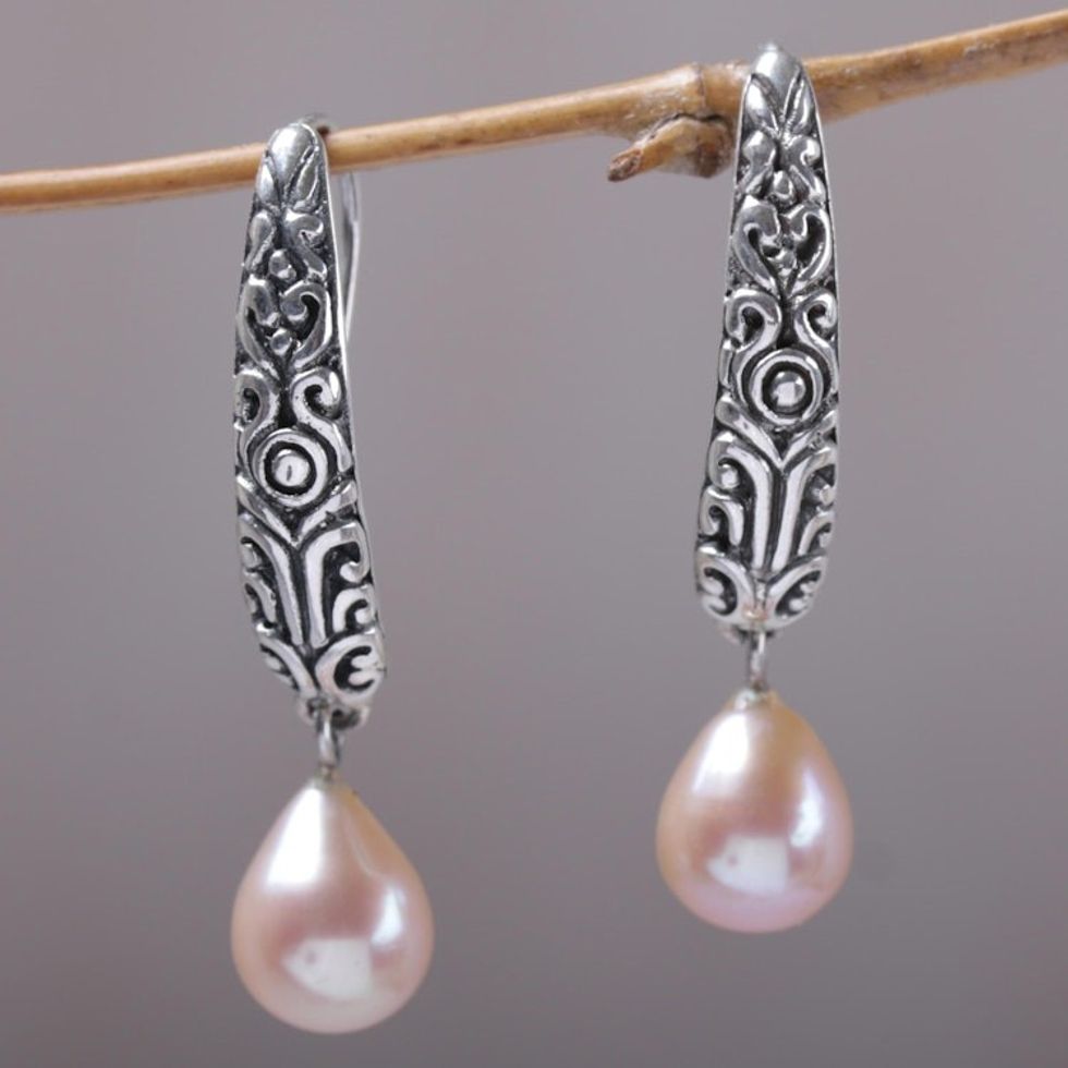 Cultured Pearl and Sterling Silver Dangle Earrings from Bali 'Drops of Honey'