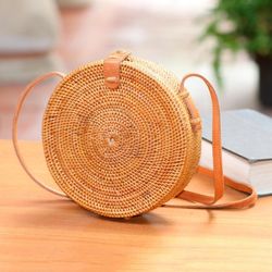 Image for Round Woven Bamboo and Ate Grass Shoulder Bag Happy Tradition