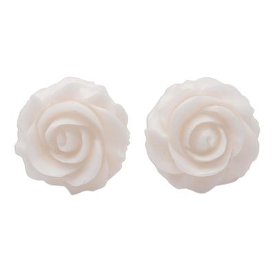 Alternate image for Hand-Carved Bone Rose Button Earrings from Bali Fascinating Roses