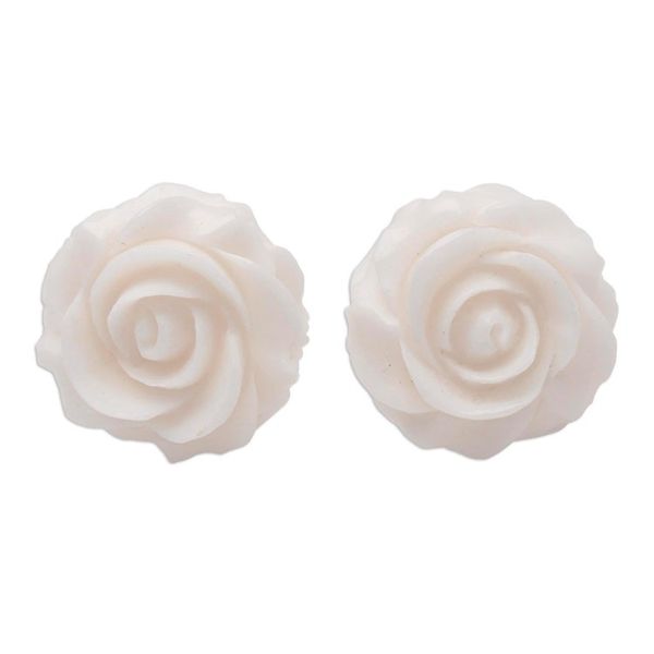 Alternate image for Hand-Carved Bone Rose Button Earrings from Bali Fascinating Roses