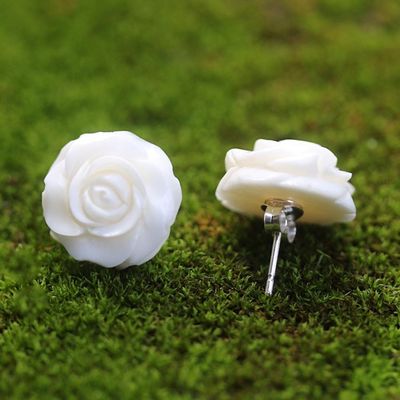 Alternate image for Hand-Carved Bone Rose Button Earrings from Bali Fascinating Roses