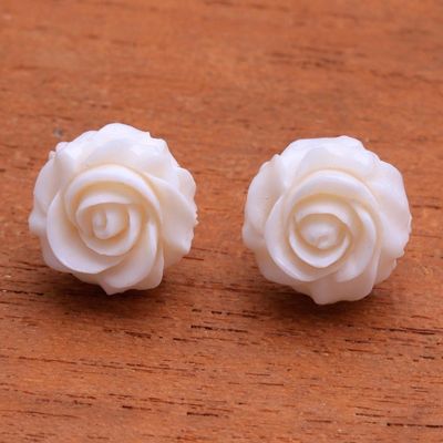 Alternate image for Hand-Carved Bone Rose Button Earrings from Bali Fascinating Roses
