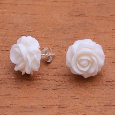 Alternate image for Hand-Carved Bone Rose Button Earrings from Bali Fascinating Roses