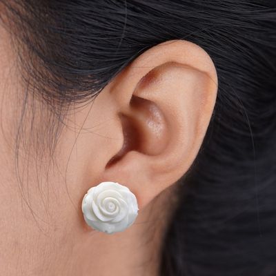 Alternate image for Hand-Carved Bone Rose Button Earrings from Bali Fascinating Roses
