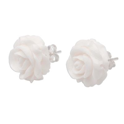 Alternate image for Hand-Carved Bone Rose Button Earrings from Bali Fascinating Roses